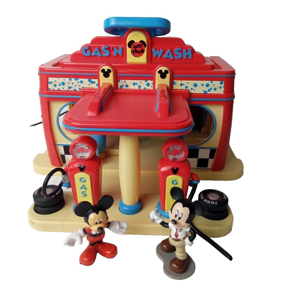 Disney Mickey Mouse Gas N Wash Car Station Play Set Garage Toy Bundle W/ Figures
